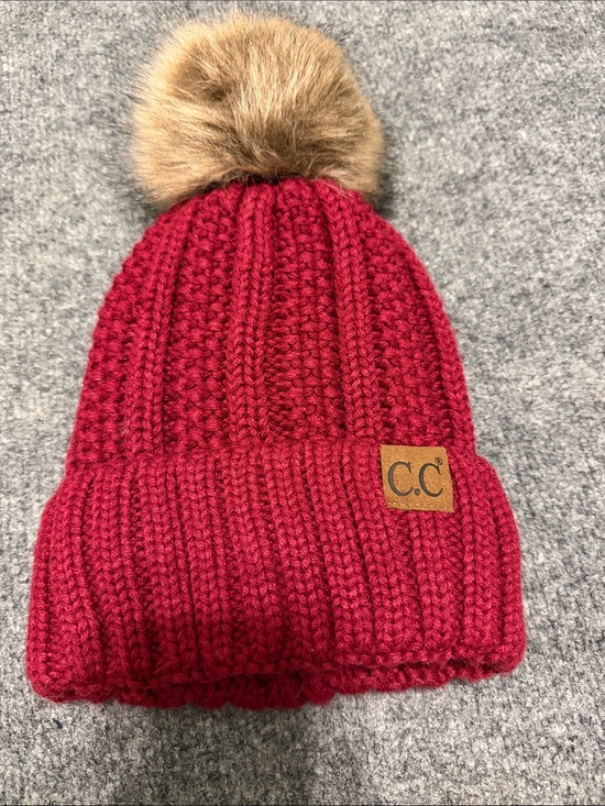 C.C Accessories - C.C Women’s Burgundy Knit Beanie with Faux Fur Pom